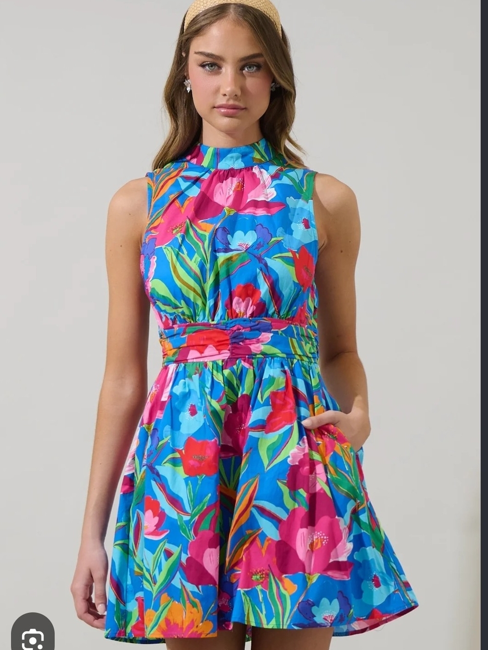 Floral High-Neck Fit & Flare Dress in Blue and Pink